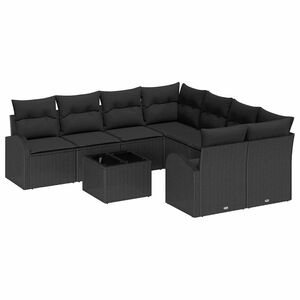 vidaXL Bankstel met kussen met opslag 9 pcs Zwart poly rattan