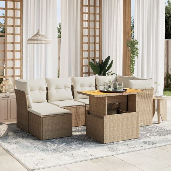 vidaXL 7-delige Loungeset met kussens poly rattan beige