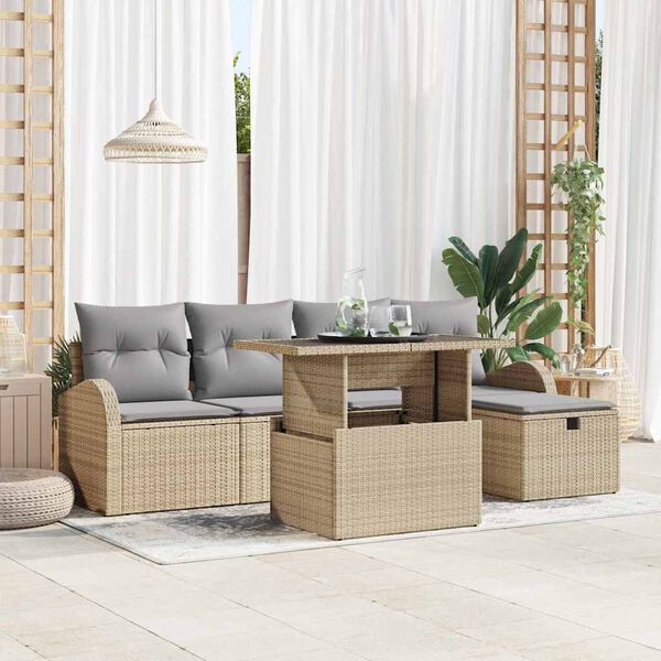 vidaXL Tuin Sofa Set met kussen met opslag 6 pcs Beige Poly riet