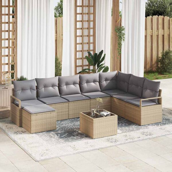 vidaXL Bankstel met kussen 9 pcs Beige en Licht Grijs poly rattan