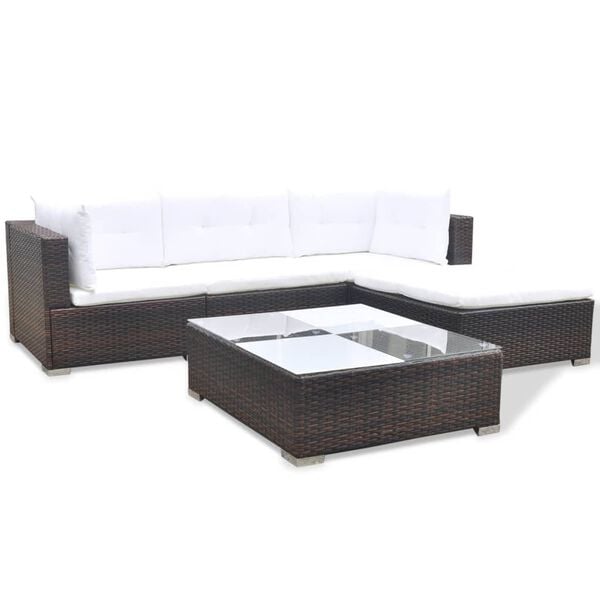 vidaXL 5-delige Loungeset met kussens poly rattan bruin