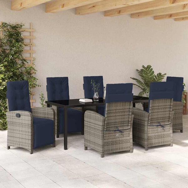vidaXL Tuin eettafelset met kussen 7 pcs Grijs poly rattan