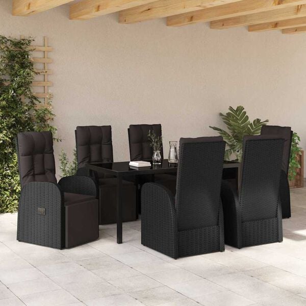 vidaXL Tuin eettafelset met kussen 7 pcs Zwart poly rattan