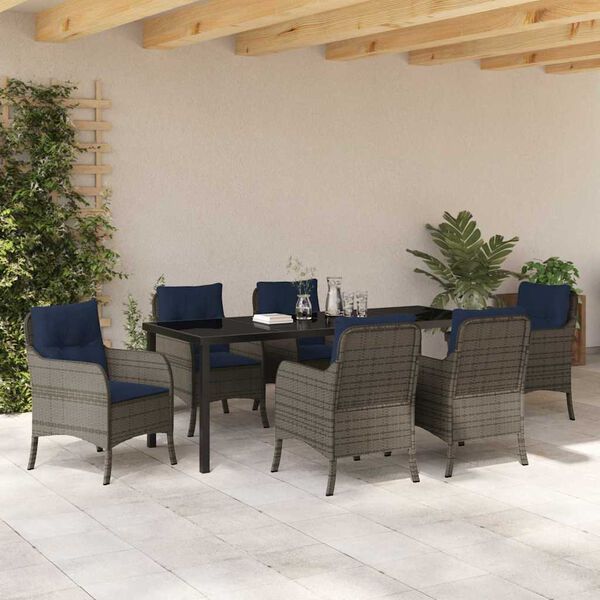 vidaXL Tuin eettafelset met kussen 7 pcs Grijs poly rattan