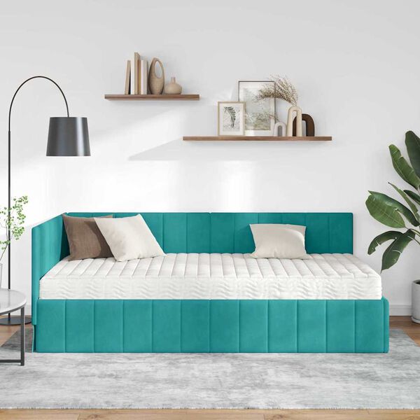 vidaXL Hoekbedframe met Matras met matras 2 pcs Turquoise Fluweel