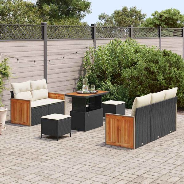 vidaXL Tuinbankenset met kussen 10 pcs Zwart en Cr&egrave;me poly rattan