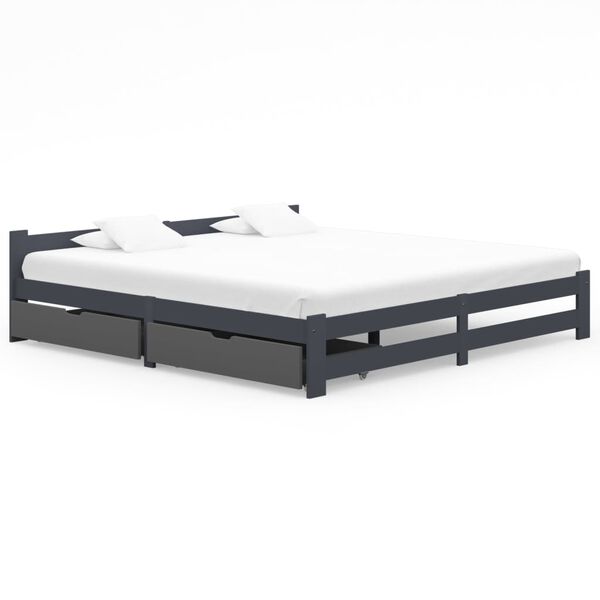 vidaXL Bedframe met 2 lades massief grenenhout donkergrijs 200x200 cm