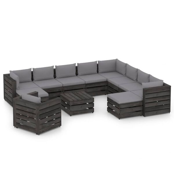 vidaXL 12-delige Loungeset met kussens grijs ge&iuml;mpregneerd hout