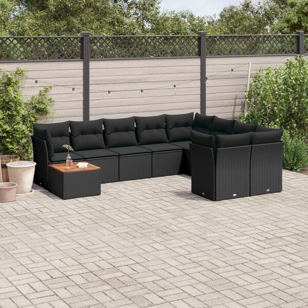vidaXL 10-delige Loungeset met kussens poly rattan zwart