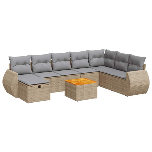 vidaXL 9-delige Loungeset met kussens poly rattan beige