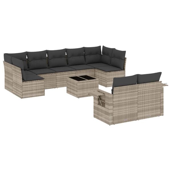 vidaXL 10-delige Loungeset met kussens poly rattan lichtgrijs