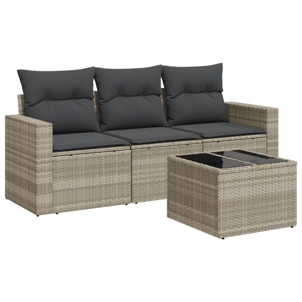 vidaXL 4-delige Loungeset met kussens poly rattan lichtgrijs