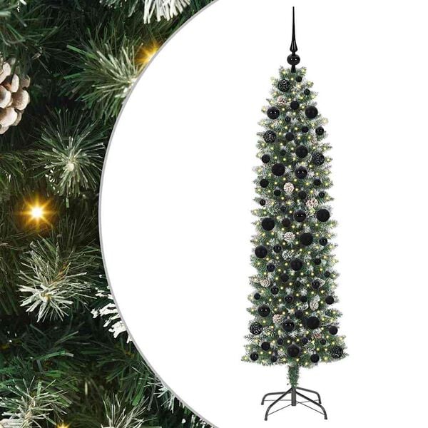vidaXL Kunstmatige slanke kerstboom met 300 LED Groen en Wit 180 cm