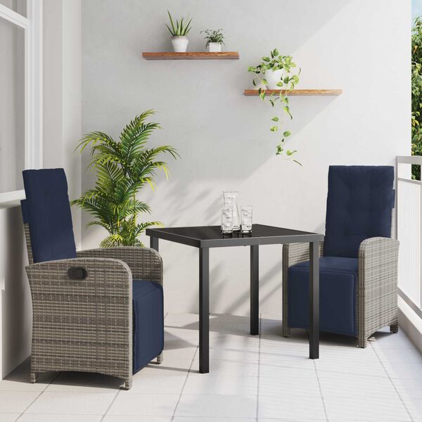 vidaXL Tuin eettafelset met kussen 3 pcs Grijs poly rattan
