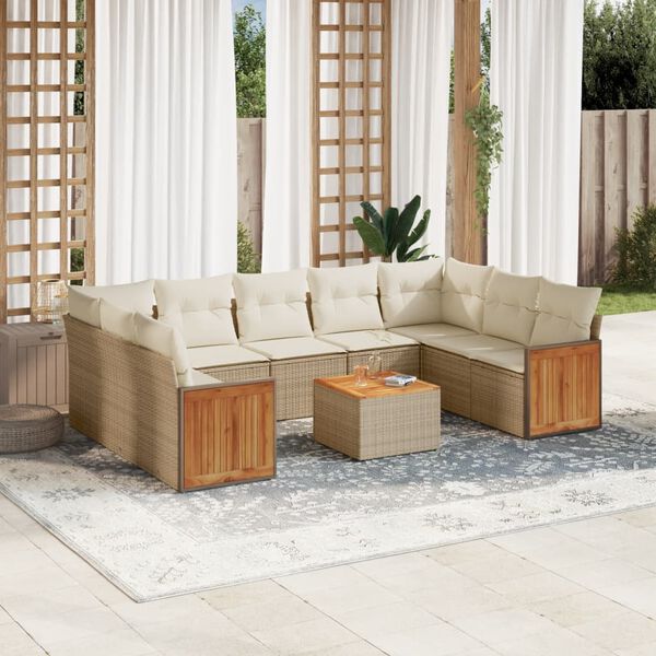 vidaXL 10-delige Loungeset met kussens poly rattan beige