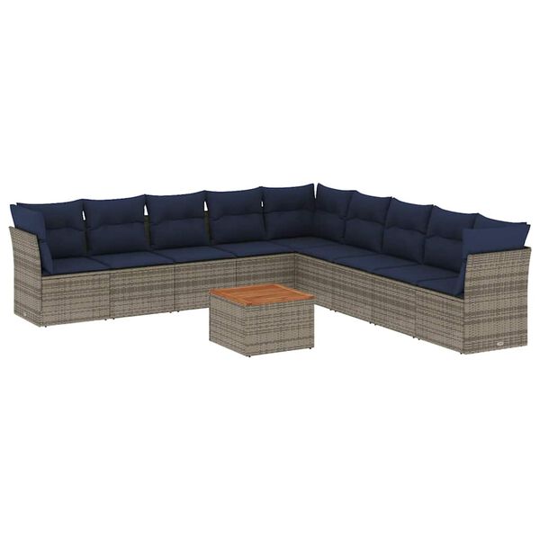 vidaXL 10-delige Loungeset met kussens poly rattan grijs