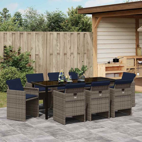 vidaXL Tuin eettafelset met kussen 9 pcs Grijs poly rattan