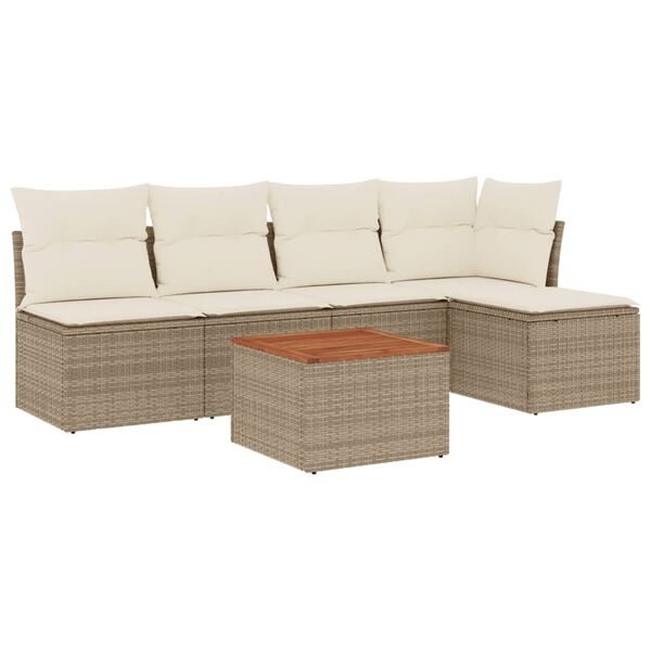 vidaXL 6-delige Loungeset met kussens poly rattan beige