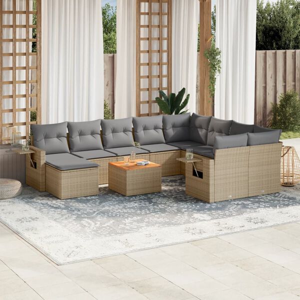 vidaXL 11-delige Loungeset met kussens poly rattan gemengd beige