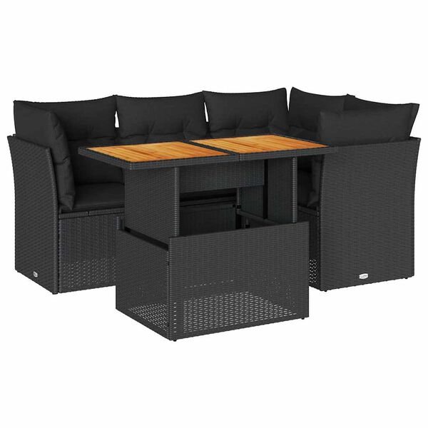 vidaXL 5-delige Loungeset met kussens poly rattan zwart