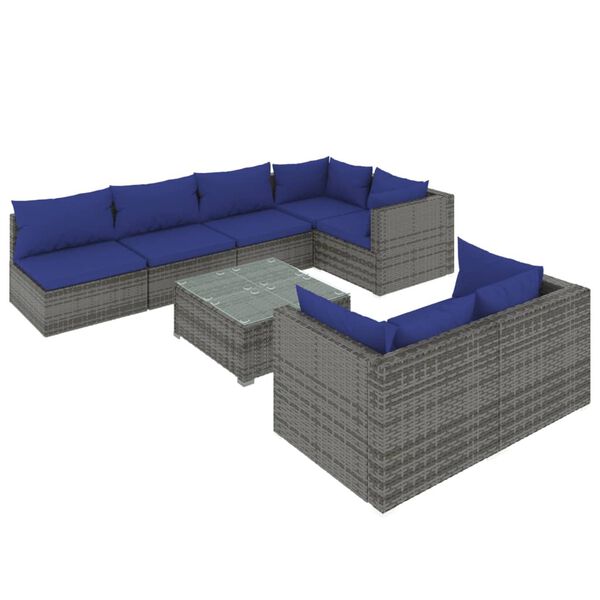 vidaXL 8-delige Loungeset met kussens poly rattan grijs