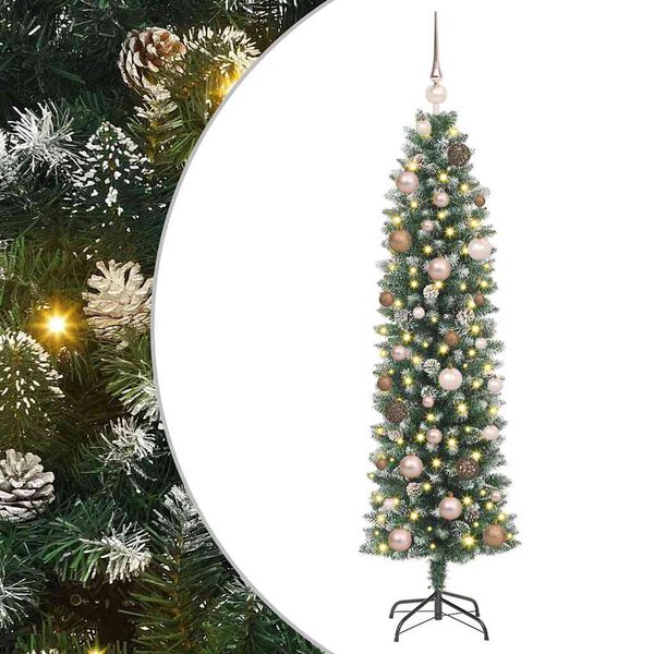 vidaXL Kunstmatige slanke kerstboom met 150 LED Groen en Wit 150 cm