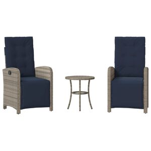 vidaXL 3-delige Bistroset met kussens poly rattan grijs