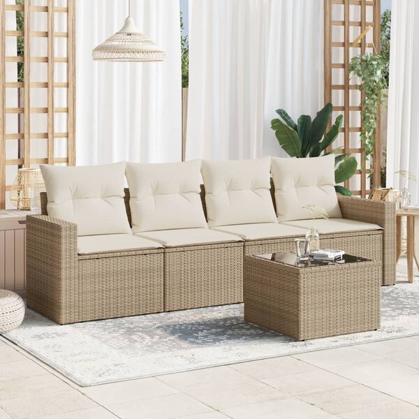 vidaXL 5-delige Loungeset met kussens poly rattan beige