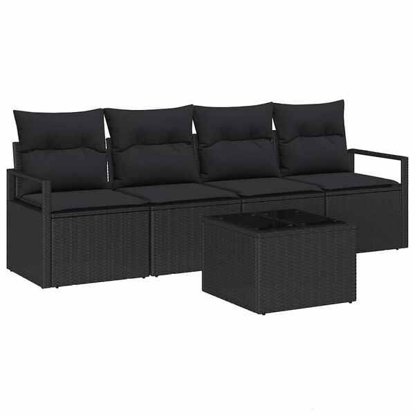 vidaXL Bankstel met kussen met opslag 5 pcs Zwart poly rattan