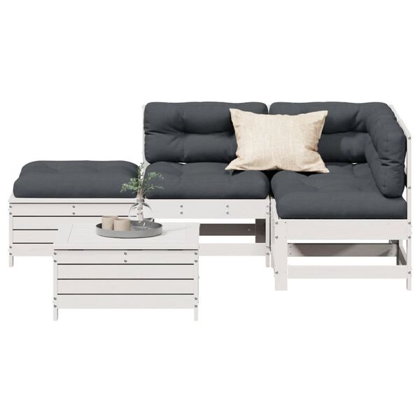 vidaXL 5-delige Loungeset met kussens massief grenenhout wit