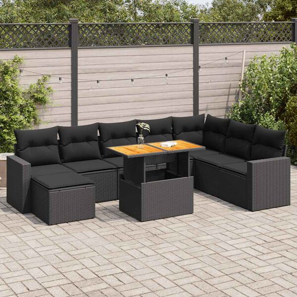 vidaXL 9-delige Loungeset met kussens poly rattan zwart