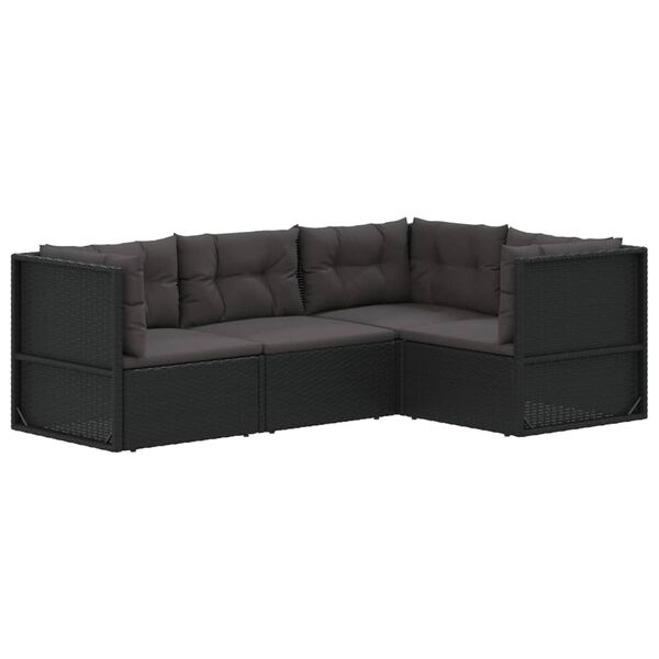 vidaXL 4-delige Loungeset met kussens poly rattan zwart
