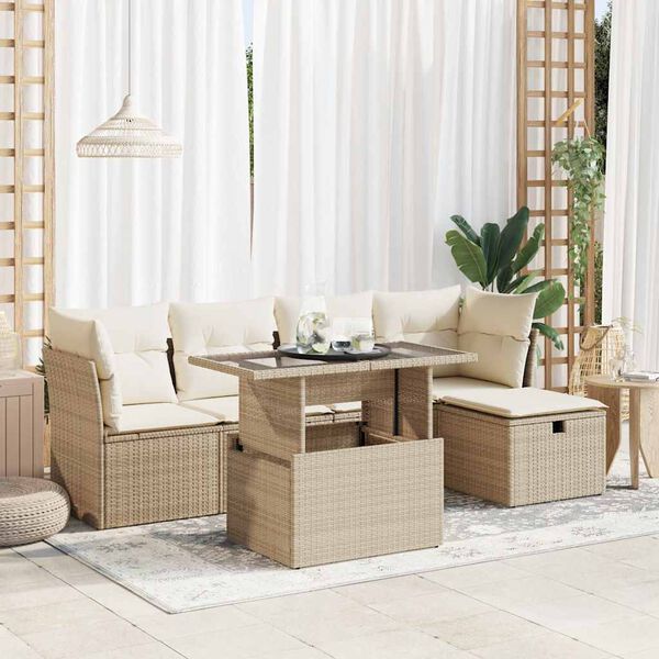vidaXL 6-delige Loungeset met kussens poly rattan beige