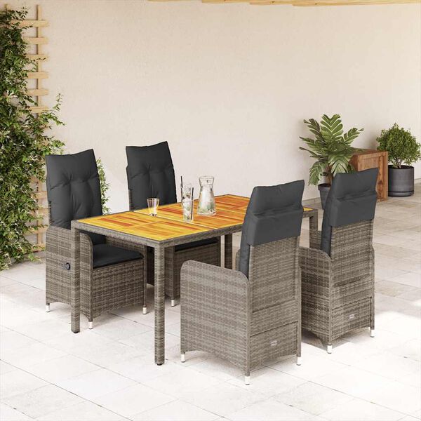 vidaXL 5-delige Bistroset met kussens poly rattan grijs