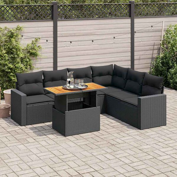 vidaXL 7-delige Loungeset met kussens poly rattan zwart