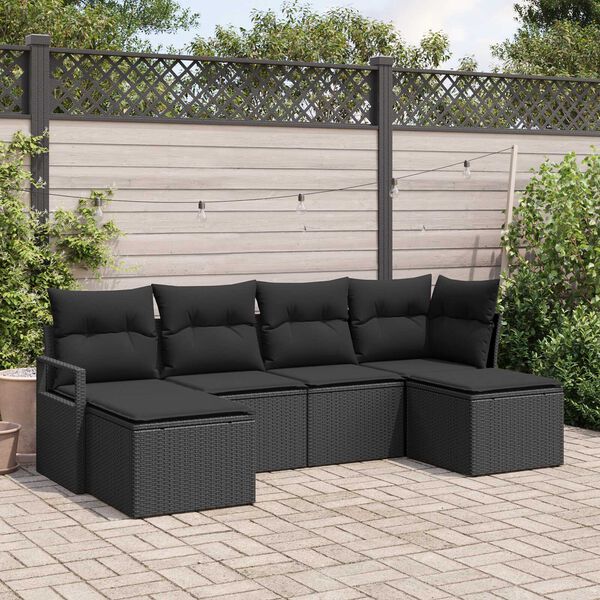 vidaXL Bankstel met kussen met opslag 6 pcs Zwart poly rattan