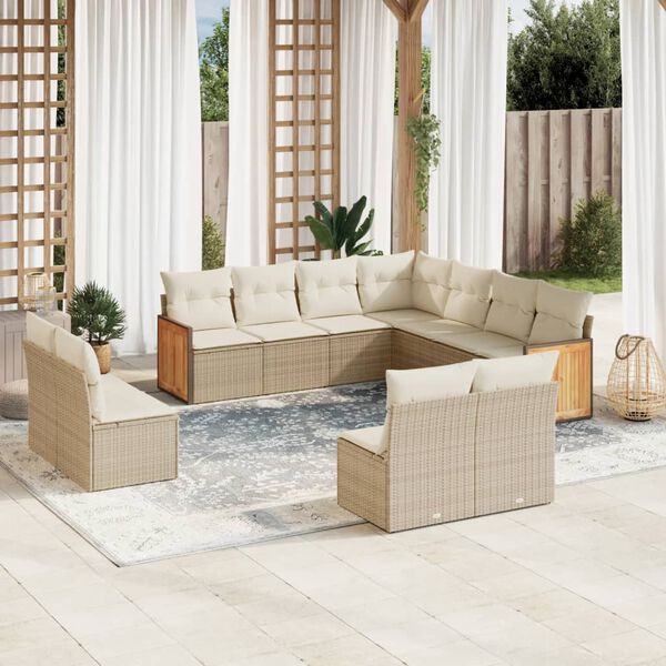 vidaXL 11-delige Tuinset met kussens poly rattan beige
