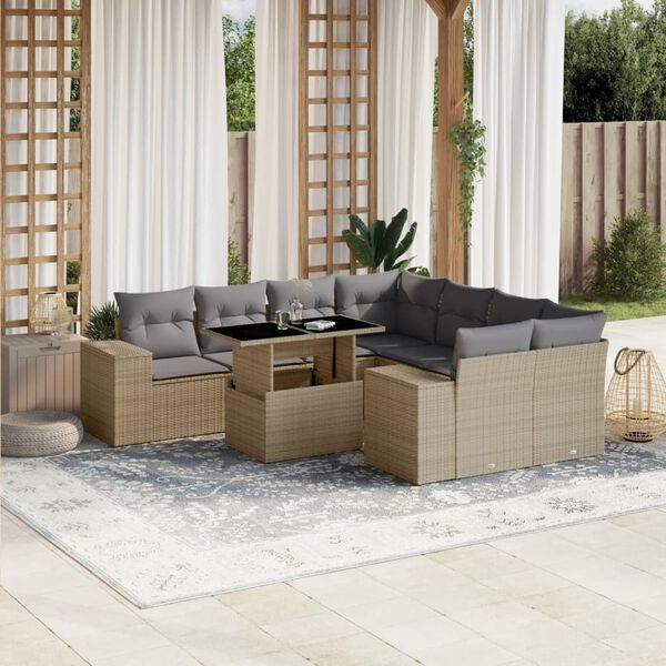 vidaXL 9-delige Loungeset met kussens poly rattan beige