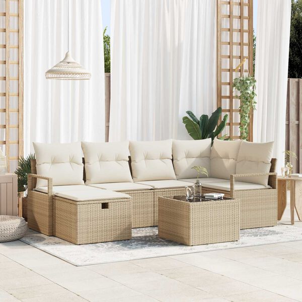 vidaXL Tuin Sofa Set met kussen met opslag 7 pcs Beige Poly riet