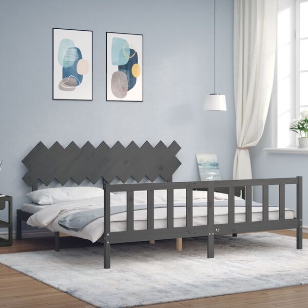 vidaXL Bedframe met hoofdbord massief hout grijs 200x200 cm