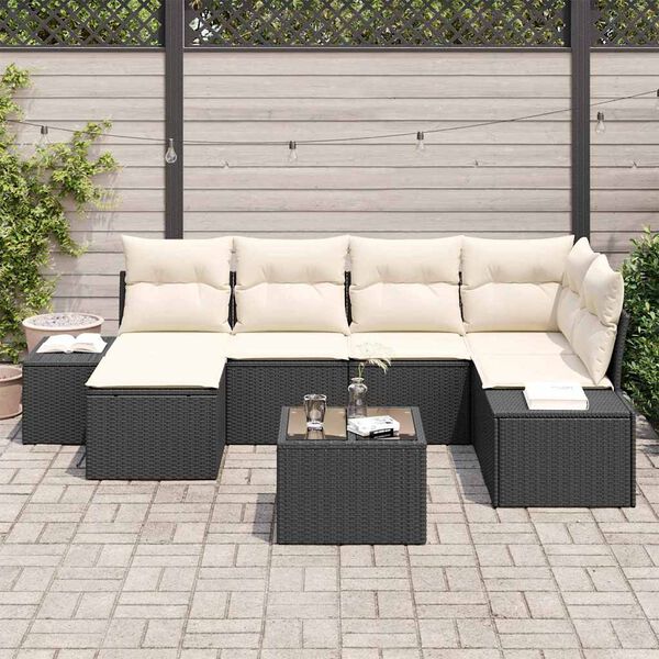vidaXL Tuin Sofa Set met kussen 7 pcs Zwart en crème Poly riet