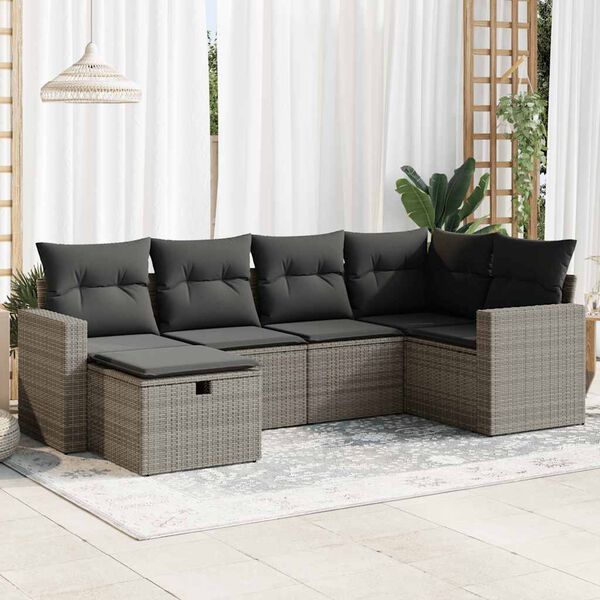 vidaXL 6-delige Loungeset met kussens poly rattan grijs