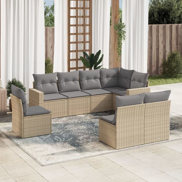 vidaXL 8-delige Loungeset met kussens poly rattan beige