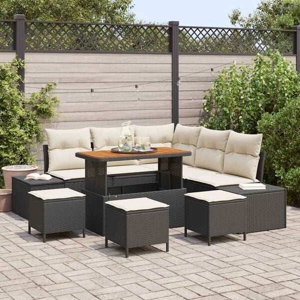 vidaXL Tuinbankenset met kussen 9 pcs Zwart poly rattan