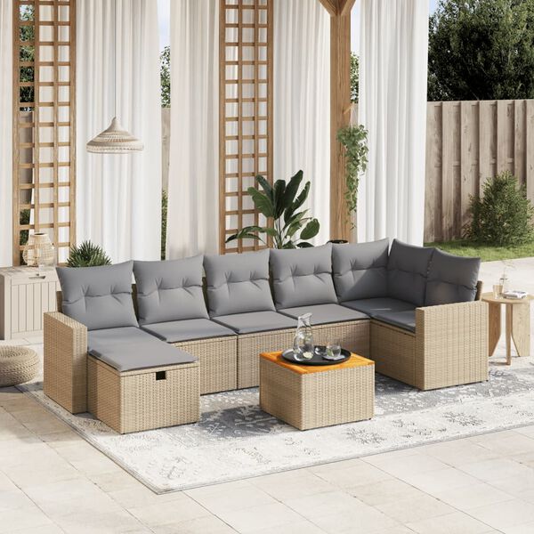 vidaXL 8-delige Loungeset met kussens poly rattan gemengd beige