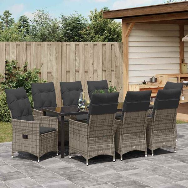vidaXL Tuin eettafelset met kussen 9 pcs Grijs poly rattan