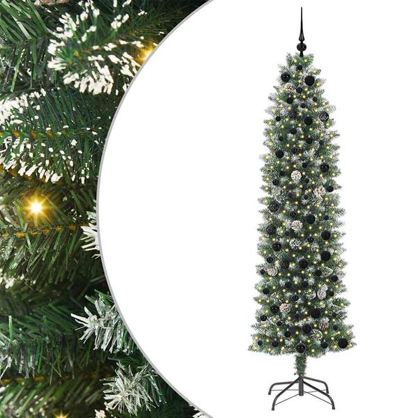 vidaXL Kunstmatige slanke kerstboom met 300 LED Groen en Wit 210 cm