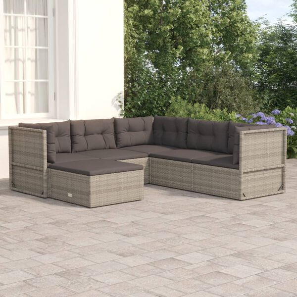 vidaXL 6-delige Loungeset met kussens poly rattan grijs