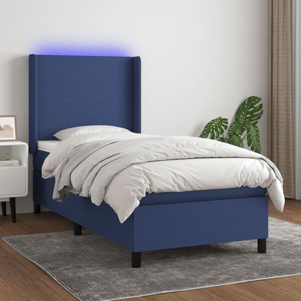 vidaXL Boxspring met matras en LED stof blauw 90x190 cm