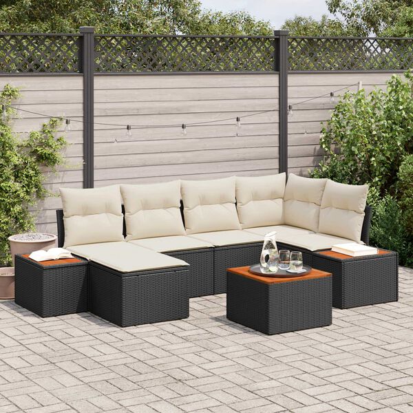 vidaXL Tuinbankenset met kussen 7 pcs Zwart en Cr&egrave;me Polyrattan